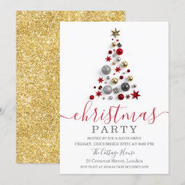 金ゴールドモダンレッドバウブルツリーホリデークリスマス 招待状