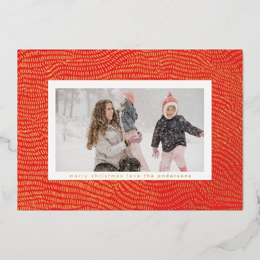 金ゴールドモダンレッド白クリスマスフレーム写真ハッピー 箔シーズンカード (正面)