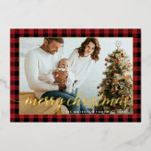 金ゴールドモダンレッド黒格子写真クリスマス 箔シーズンカード (正面)