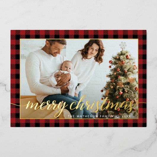 金ゴールドモダンレッド黒格子写真クリスマス 箔シーズンカード (正面)