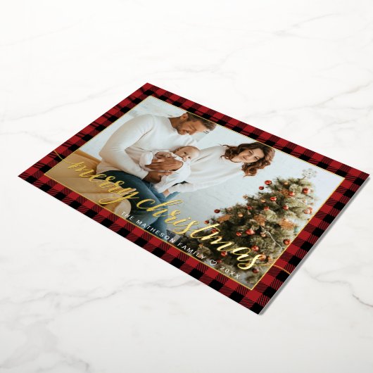 金ゴールドモダンレッド黒格子写真クリスマス 箔シーズンカード (回転した状態)