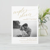 金ゴールドモダンロマンチック写真カップルのブライダルシャワー 招待状 (スタンド正面)