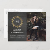 金ゴールドモダンローレルリース写真卒業パーティー インビテーションポストカード (正面/裏面)