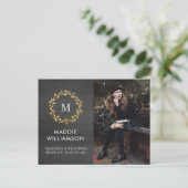 金ゴールドモダンローレルリース写真卒業パーティー インビテーションポストカード (スタンド正面)