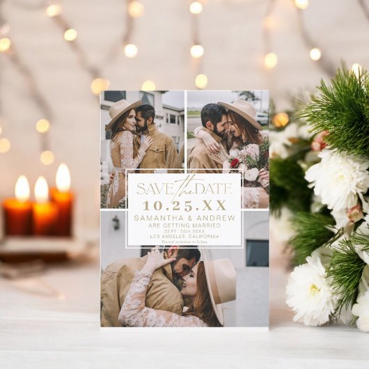 金ゴールドモダン保存日付3枚の写真グリッドのコラージュ セーブザデート