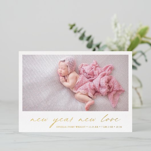 金ゴールドモダン写真かわいい休日の誕生発表 箔シーズンカード (立ち正面)