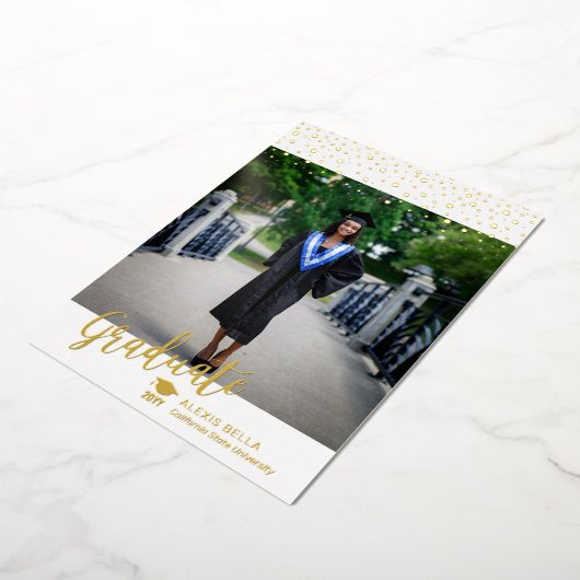 金ゴールドモダン写真の卒業発表カード 箔招待状 (回転した状態)