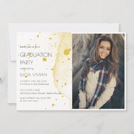 金ゴールドモダン写真卒業会 招待状 (正面)
