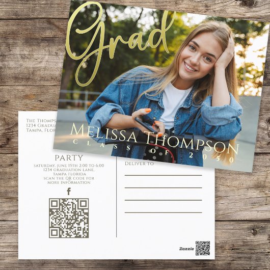 金ゴールドモダン写真卒業招待状 ポストカード