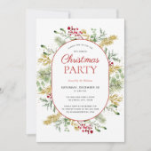 金ゴールドモダン冬の緑のクリスマスパーティー 招待状 (正面)