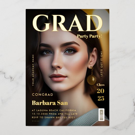 金ゴールドモダン卒業パーティー雑誌の卒業会 箔招待状 (正面)