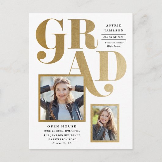 金ゴールドモダン卒業2写真卒業パーティー ポストカード (正面)