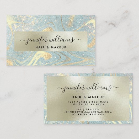 金ゴールドモダン大理石エレガントブルーメイクアップアーティストシック 名刺 (正面/裏面)