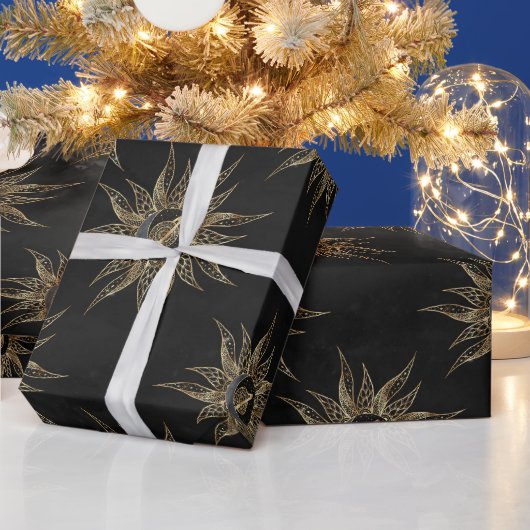 金ゴールドモダン太陽ムーンプラネットユニバースマンダラ ラッピングペーパー (クリスマス)