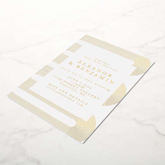 金ゴールドモダン抽象芸術ラインエレガントな結婚式 箔招待状 (回転した状態)