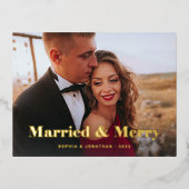 金ゴールドモダン文字と写真 |結婚したとメリー 箔シーズンポストカード (正面)