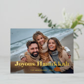 金ゴールドモダン文字と写真 | Joyous Hanukkah 箔シーズンカード (立ち正面)