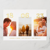 金ゴールドモダン日付3枚の写真QRコード日付を保存 箔招待状 (正面)