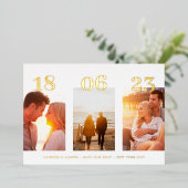 金ゴールドモダン日付3枚の写真QRコード日付を保存 箔招待状 (立ち正面)