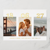 金ゴールドモダン日付4写真日付を保存 箔招待状 (正面)