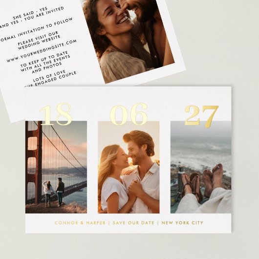 金ゴールドモダン日付4写真日付を保存 箔招待状