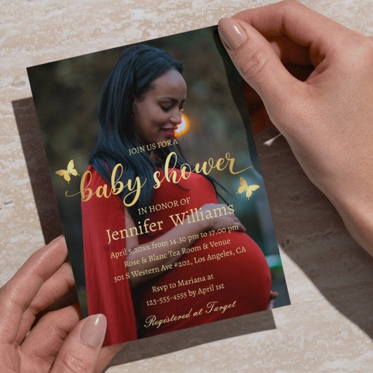 金ゴールドモダン書写真ベビーシャワー 招待状