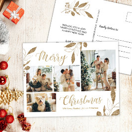 金ゴールドモダン植物学4フォトコラージクリスマス ポストカード