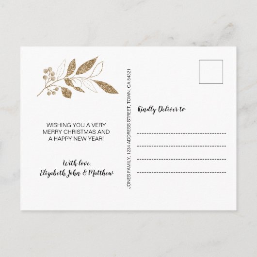 金ゴールドモダン植物学4フォトコラージクリスマス ポストカード (裏面)