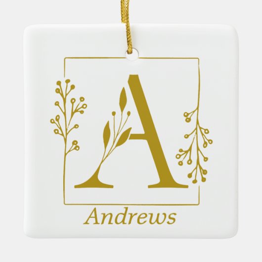 金ゴールドモダン植物文字Aパーソナライズされた セラミックオーナメント (正面)