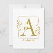 金ゴールドモダン植物文字Aパーソナライズされた ノートカード (正面)