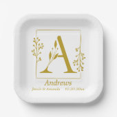 金ゴールドモダン植物文字Aパーソナライズされた ペーパープレート (正面)