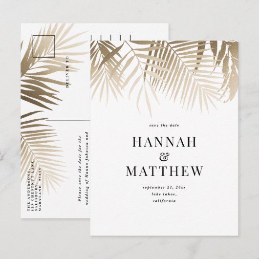 金ゴールドモダン熱帯葉のクラスは日付を保存 インビテーションポストカード (正面/裏面)