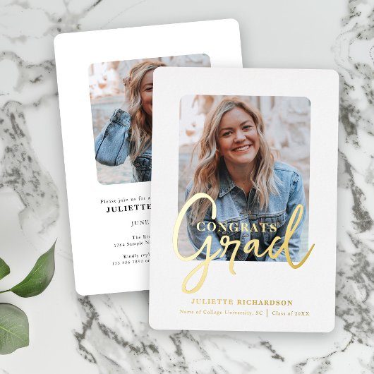 金ゴールドモダン白写真大学の卒業パーティー 箔招待状