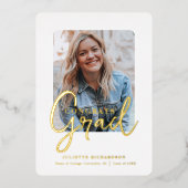 金ゴールドモダン白写真大学の卒業パーティー 箔招待状 (正面)