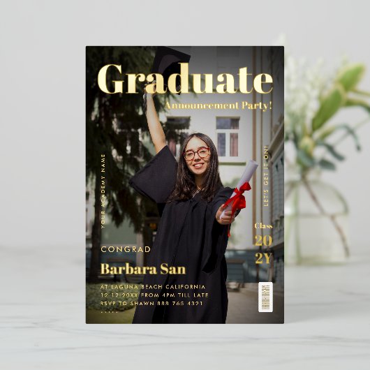 金ゴールドモダン研究誌の卒業会 箔招待状 (立ち正面)