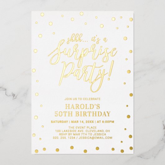 金ゴールドモダン紙吹雪サプライズ誕生日パーティー 箔招待状 (正面)