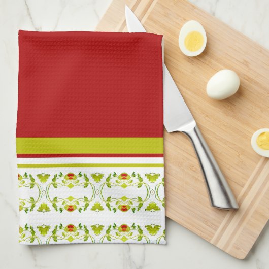 金ゴールドモダン緑パターン(の模様が)ある キッチンタオル (四つ折り)