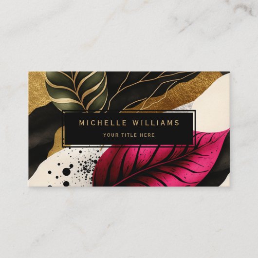 金ゴールドモダン緑葉抽象芸術 名刺 (正面)