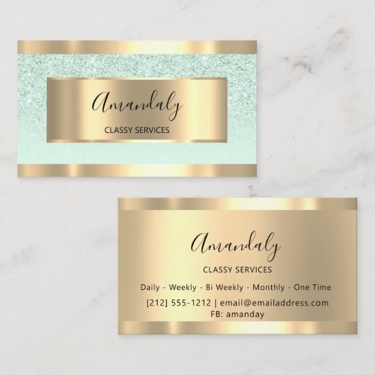 金ゴールドモダン美容院ミントグリーングリッターOMBRE 名刺 (正面/裏面)