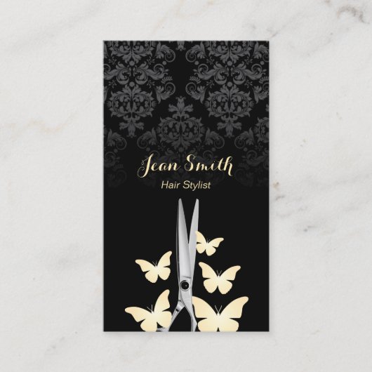 金ゴールドモダン蝶ダークダマスク美容師 名刺 (正面)