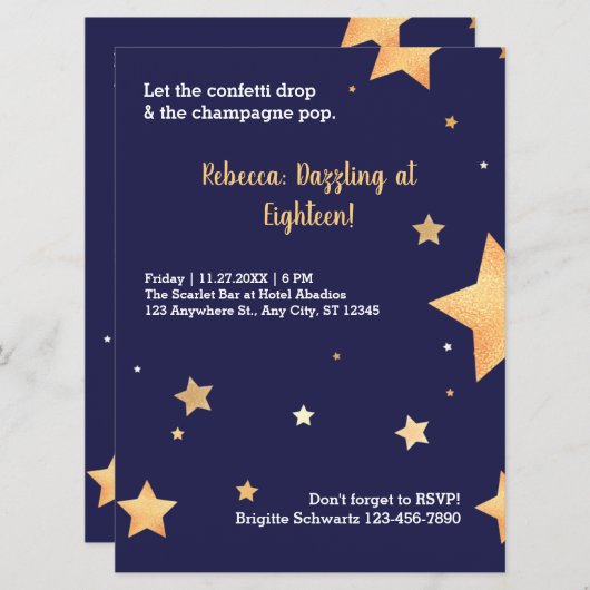 金ゴールドモダン誕生日 招待状 (正面/裏面)