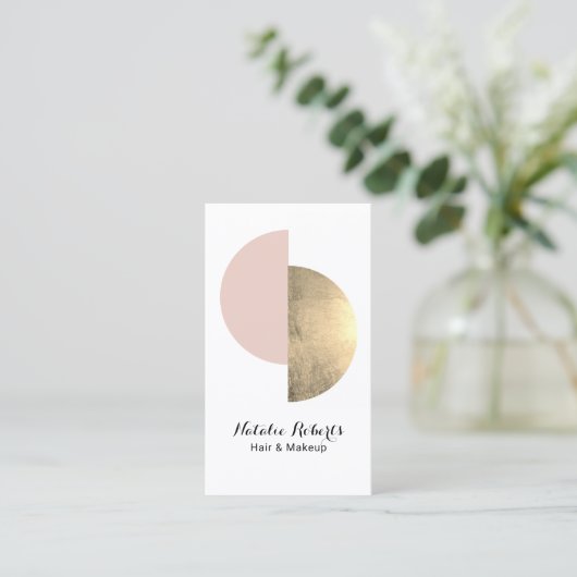 金ゴールドモダン赤面ピンクサークルメイクアップアーティスト&ヘア 名刺 (スタンド正面)