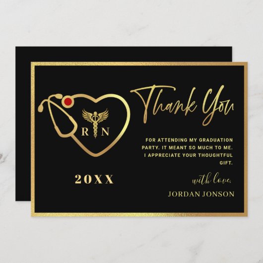 金ゴールドモダン黒看護学校卒業 サンキューカード (正面/裏面)