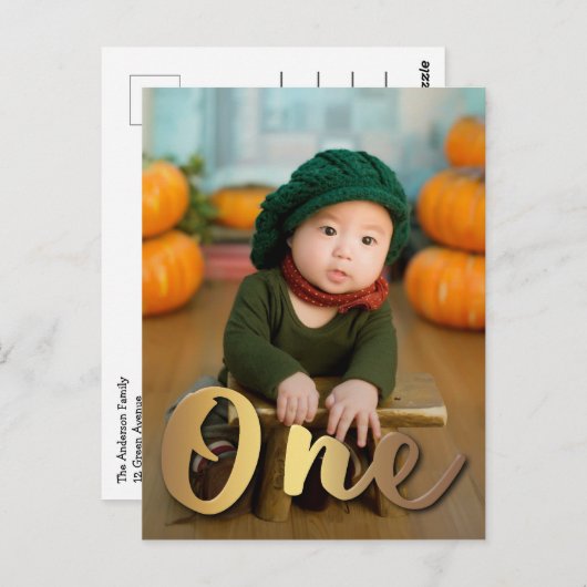 金ゴールドモダン1つ目の誕生日 ポストカード (正面/裏面)