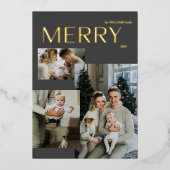 金ゴールドモダン3メリーフォトコラージュグレークリスマス 箔シーズンカード (正面)
