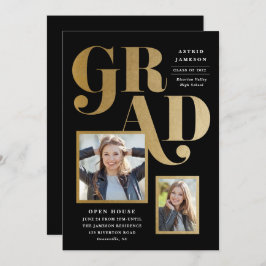 金ゴールドモダン・グラッド・フォト卒業パーティー 招待状
