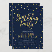 金ゴールドモダン&ネイビー大人50歳の誕生日パーティー 招待状 (正面/裏面)