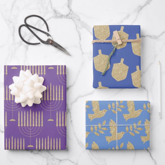 金ゴールドモダン(ユダヤ教)メノラードレデルオリーブブランチドーブ ラッピングペーパーシート (正面)