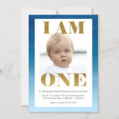 金ゴールドモダン+青写真1歳の誕生日 マグネット招待状 (正面)