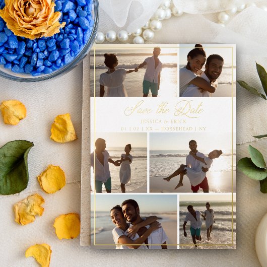 金ゴールドモダンChic Collage 6フォトカップル結婚ズ 箔招待状